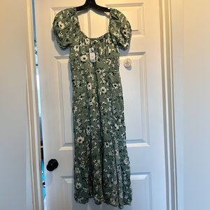 Green Floral Smocked Midi Dress